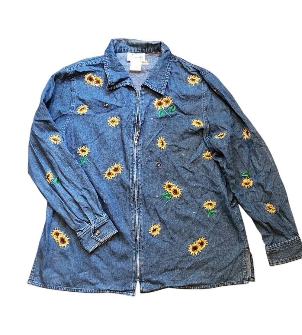 Vintage Quacker Factory Jacket Women's Large Blue Sunflower Embroidered Denim